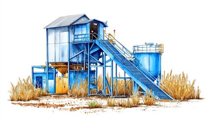 A colorful illustration of a blue industrial structure with stairs, surrounded by tall grass, showcasing a blend of nature and machinery.