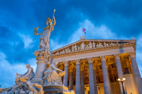 Pallas Athene Statue, Austrian Parliament, UNESCO World Heritage Site, dusk shot, Vienna, Austria