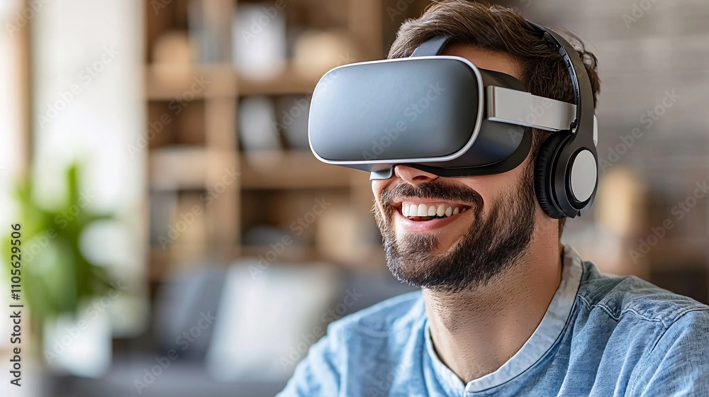 Poster A businessman interacting with a virtual assistant in a high-tech office environment Stock Photo with side copy space