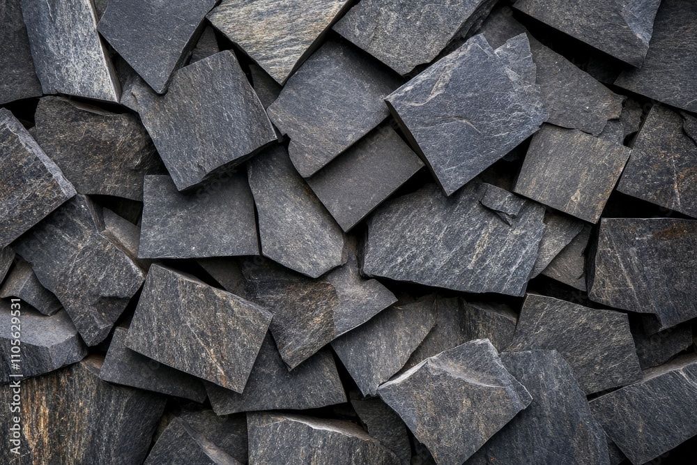 Poster An arrangement of dark stone slate tiles creates an overlapping pattern, presenting a rugged, natural look that emphasizes their rough, textured surface.