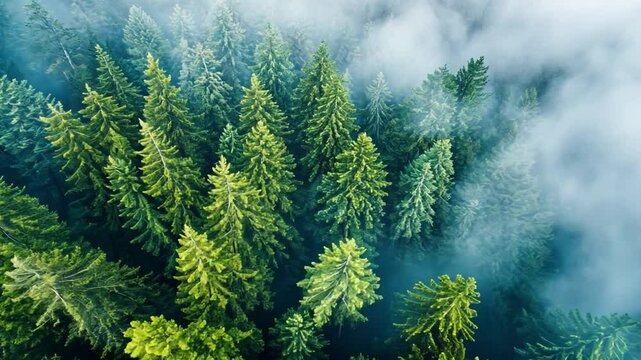 This stunning image captures a tranquil aerial perspective of dense green pine trees. Ideal for nature projects, promotional materials, or as a calming backdrop. Generative AI