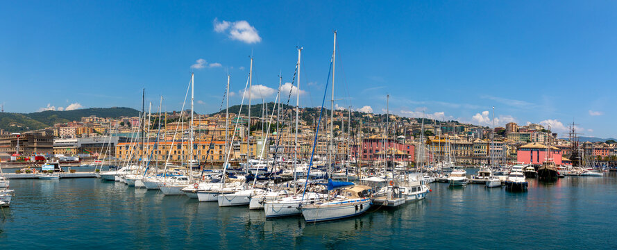 Panoramic view of Marina Porto Antico, Genoa, Liguria, Italy