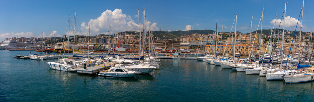 Panoramic view of Marina Porto Antico, Genoa, Liguria, Italy