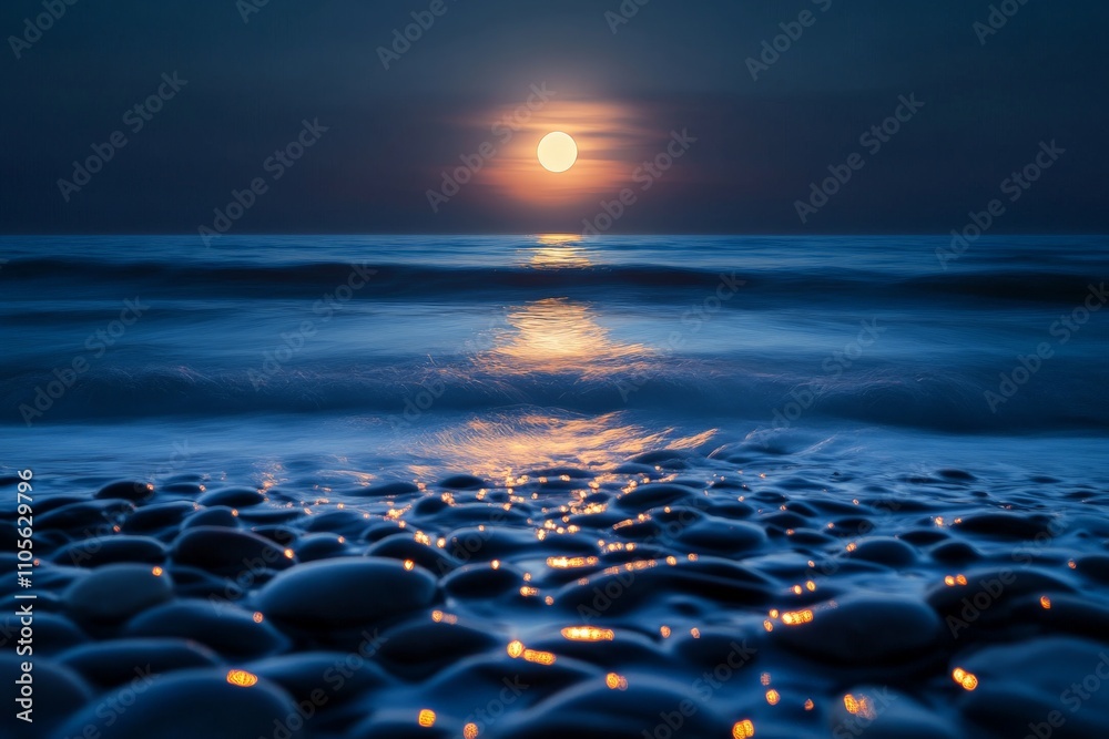 Poster a tranquil evening scene with the sun setting over the ocean, highlighting the reflection of glowing