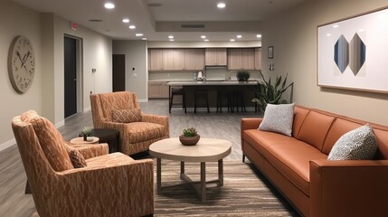 Modern apartment common area with leather sofa, armchairs, coffee table, and kitchen.