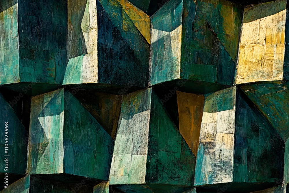 Aufkleber A composition of geometric patterns with textured surfaces in varying green hues, blending art and design to create a sense of depth, movement, and creativity.