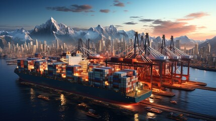 Fototapeta premium Shipping industry action container ship docking at modern port urban landscape sunrise view economic growth concept