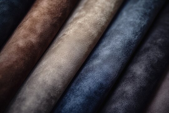 A collection of rolled textured fabrics in diverse shades, including browns, creams, blues, and grays, showcasing their rich and varied textures.