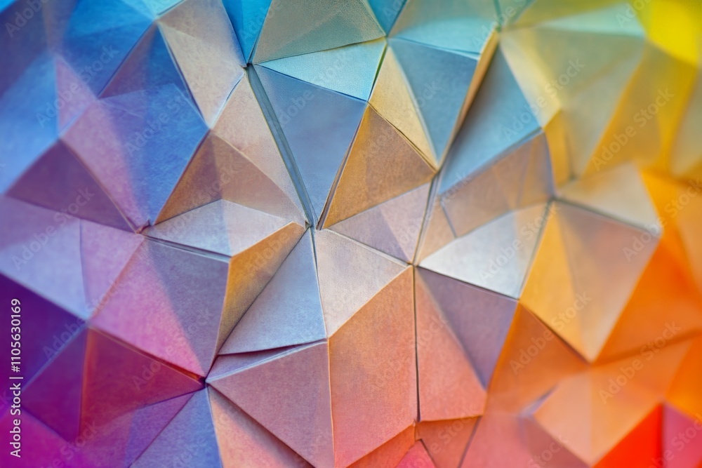 Poster a vibrant display of colorful origami paper folded into intricate geometric triangles, demonstrating