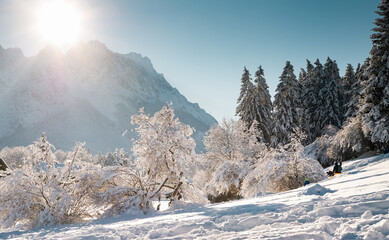 Wintertime in small German village of Garmisch-Partenkirchen, Bavaria, Germany