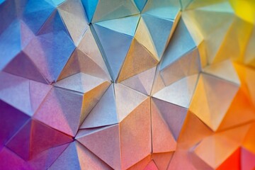 A vibrant display of colorful origami paper folded into intricate geometric triangles, demonstrating creativity, precision, and the art of paper folding enhanced by light.