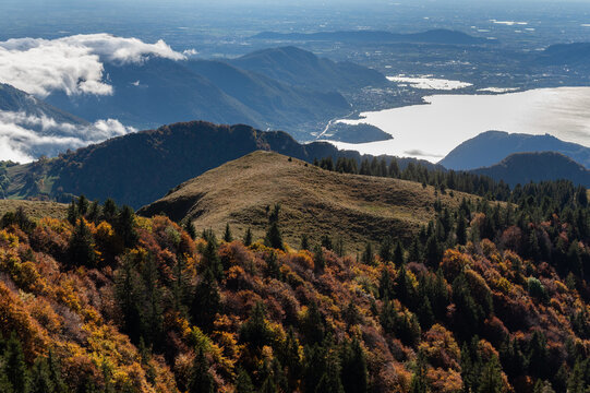 Autumn season in Brescia prealpi with a view over Iseo Lake, Brescia province, Lombardy district, Italy