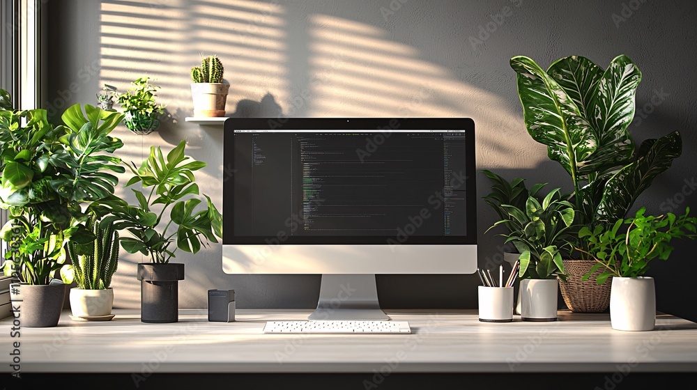 Poster A digital workspace featuring smart devices and AI-powered collaborative tools Stock Photo with side copy space