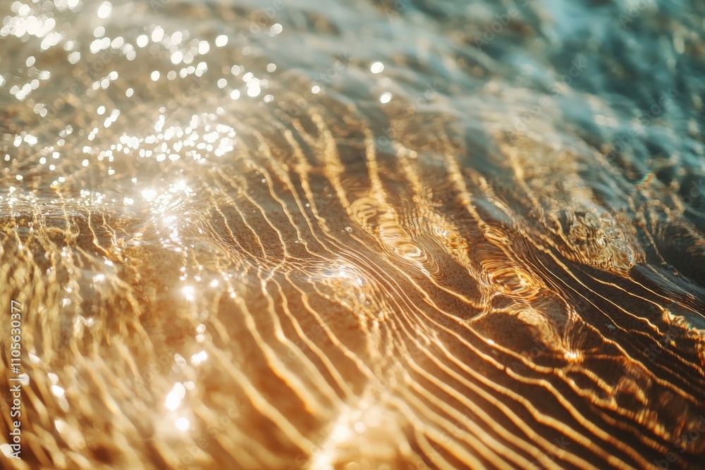 Poster This image captures golden sunlight reflecting beautifully on a rippling water surface, creating a mesmerizing and tranquil visual effect.