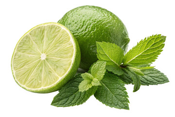 lime with mint leaves on transparent background