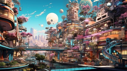 Futuristic cityscape with floating islands and advanced technology urban environment digital art daytime view innovation in design