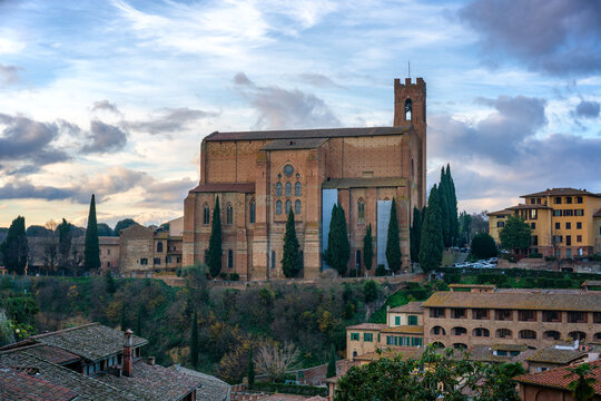San Domenico iconic Basilica of Siena at sunset, Siena, UNESCO World Heritage Site, Tuscany, Italy