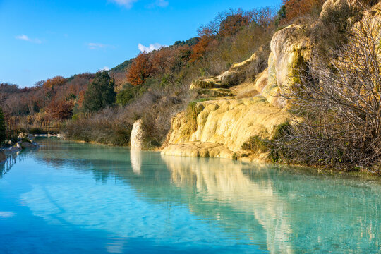Antique Roman thermal baths hot springs in Bagno Vignoni, Tuscany, Italy