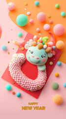 Fototapeta premium Playful New Year celebration with a colorful candy dragon, AI