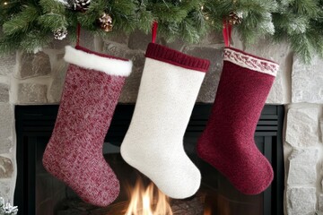 Colorful Christmas Stockings hanging by the warm glow of the Fire. Holiday stocks with gifts and decoration over cozy fireplace, for spreading Christmas cheer. Traditional Xmas celebration concept