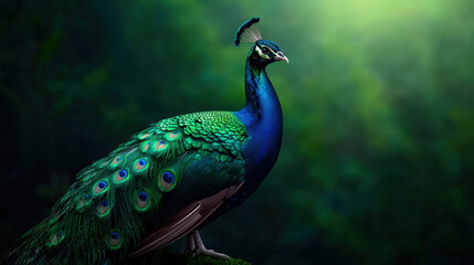 Fototapeta premium vibrant peacock displaying its stunning holographic feathers in lush green environment, showcasing nature beauty and elegance