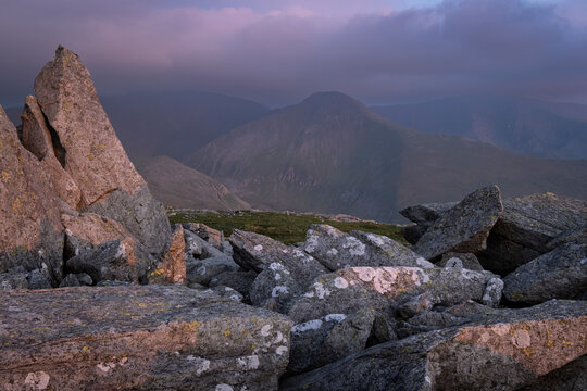 Last light on Yr Elen from Bera Bach, Carneddau Mountains, Snowdonia National Park (Eryri), North Wales, United Kingdom