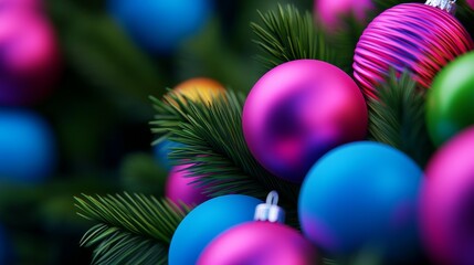 Colorful Christmas Ornaments on Evergreen Branches