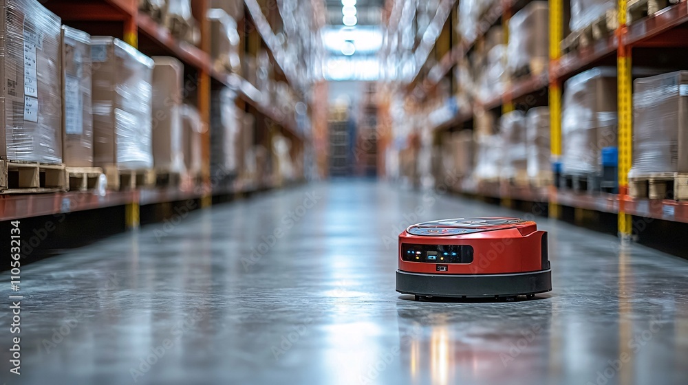 Poster A warehouse integrating AI-powered robots and inventory management systems Stock Photo with side copy space