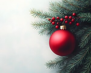 Minimalist Christmas Card with Red Ornament and Pine Elements