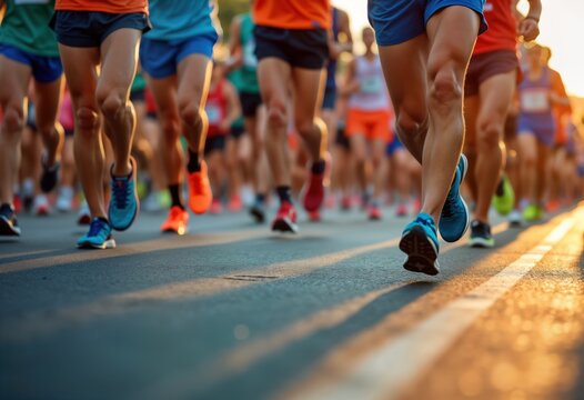 Many runners participate in a marathon on a city street. People run quickly. Colorful running shoes and shorts are visible. Event is outdoors and takes place during the day.