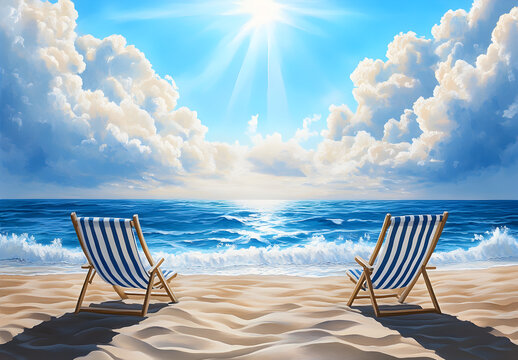 A sunny beach scene with two striped sun chairs on the sand, overlooking an ocean under a blue sky and white clouds.