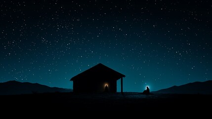 Night scene of a humble dwelling, with a figure illuminated by a small light source, under a starry sky.