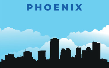 Phoenix. Black silhouette of the city skyline. Vector on the background of blue sky with white clouds