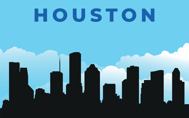 Houston. Black silhouette of the city skyline. Vector on the background of blue sky with white clouds