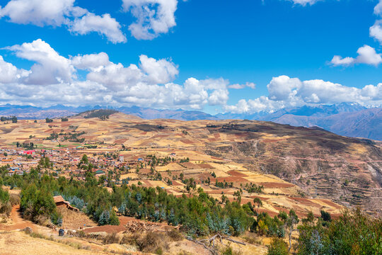 Racchi village near Chinchero with distant views of Andes mountains, Sacred Valley, Peru