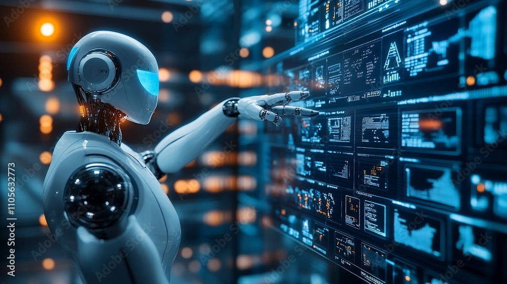 Poster Robot interacting with a futuristic digital interface.