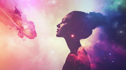 Exploration unfolds as a womans silhouette merges with a vibrant cosmic landscape, symbolizing the connection between humanity and the universe.