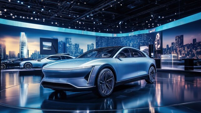 New energy luxury car showcased at auto show. Modern electric vehicle displayed on rotating platform in spacious expo hall. Cityscape backdrop adds to luxury, futuristic feel. Car sleek, polished.