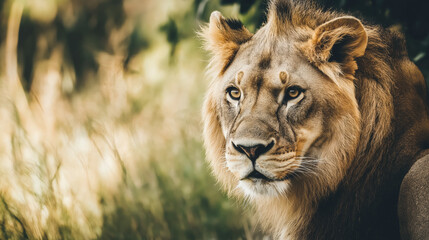 Fototapeta premium Lion roams the sun drenched savanna, showcasing its regal mane and piercing gaze, embodying the spirit of the wild in its natural habitat.