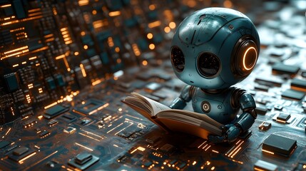 A robot is intently reading a book. Every letter it sees seems to be absorbed by its processor, pushing it beyond the limits and becoming an AI with intelligence that is increasingly close to humans.
