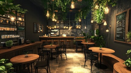 Cozy cafe interior with wooden tables, hanging plants, and Edison bulb lighting.