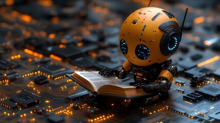 A robot is intently reading a book. Every letter it sees seems to be absorbed by its processor, pushing it beyond the limits and becoming an AI with intelligence that is increasingly close to humans.