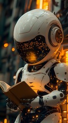 Fototapeta premium A robot is intently reading a book. Every letter it sees seems to be absorbed by its processor, pushing it beyond the limits and becoming an AI with intelligence that is increasingly close to humans.