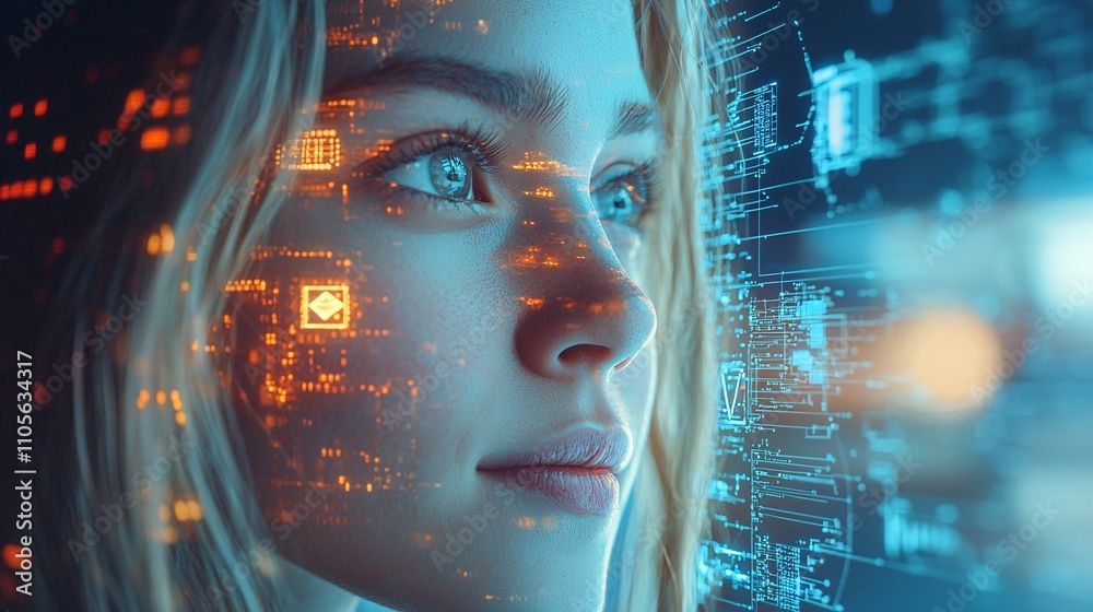 Poster A team discussing blockchain-based innovations in a modern office environment Stock Photo with side copy space