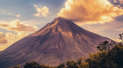 Fototapeta premium Volcano captures the breathtaking beauty of a majestic peak under a dramatic sky, enveloped in clouds, portraying natures awe inspiring grandeur.