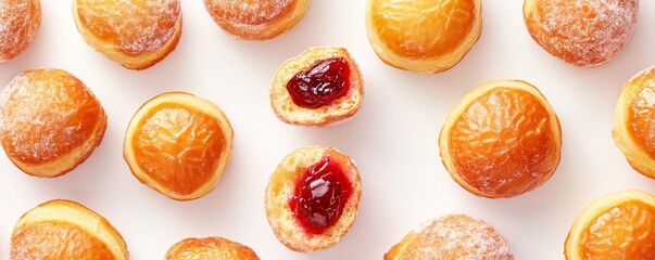 Hanukkah sweet food doughnuts sufganiyot with powdered sugar and fruit jam on white background. Dessert for Jewish holiday Hanukkah. Flat lay, top view