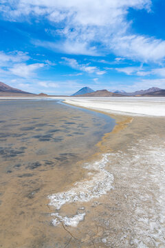 El Misti and Chachani volcanoes seen from salt flats of Salinas y Aguada Blanca National Reserve, Arequipa Region, Peru
