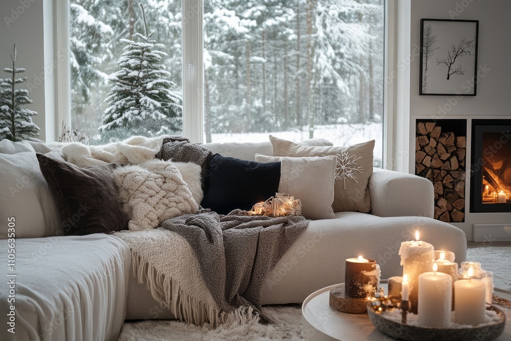 Canvas Prints Cozy Winter Living Room Scene With Snow Falling Outside