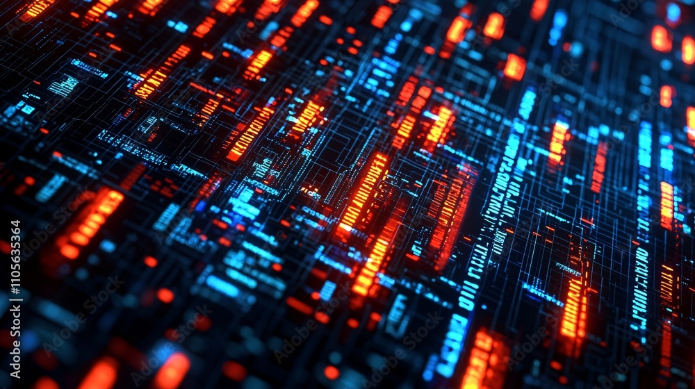 Poster A futuristic cityscape with blockchain technology symbolized by glowing digital pathways Stock Photo with side copy space