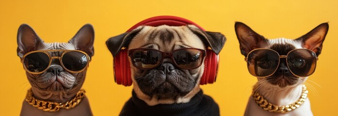 Fototapeta premium Pug with red headphones between two stylish cats in sunglasses